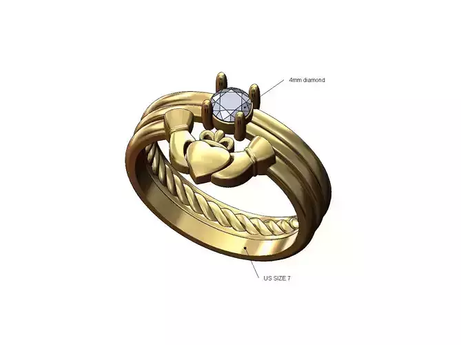 Claddagh guard 4mm solitaire inner braided double ring US size 7