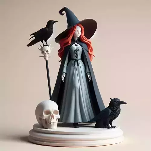 706 Red Haired Witch with Black Ravens  Skull  Full Color