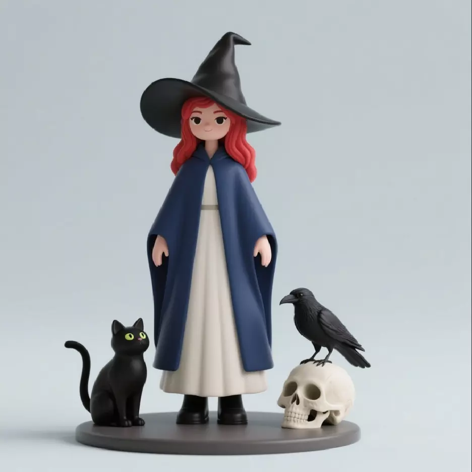 707 Red Haired Witch with Cat and Raven Full Color 3D print model_0