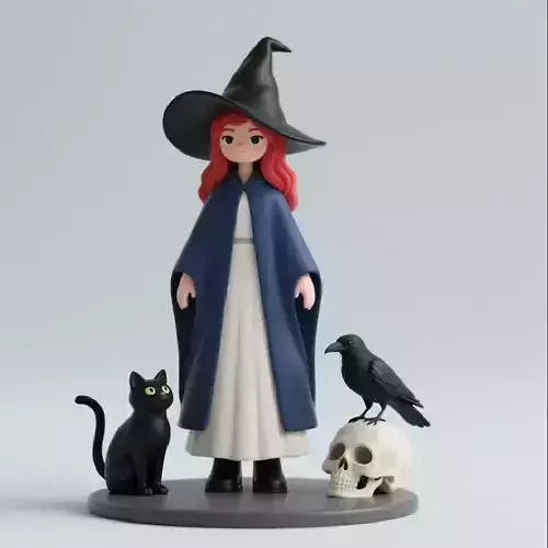 707 Red Haired Witch with Cat and Raven  Full  Color