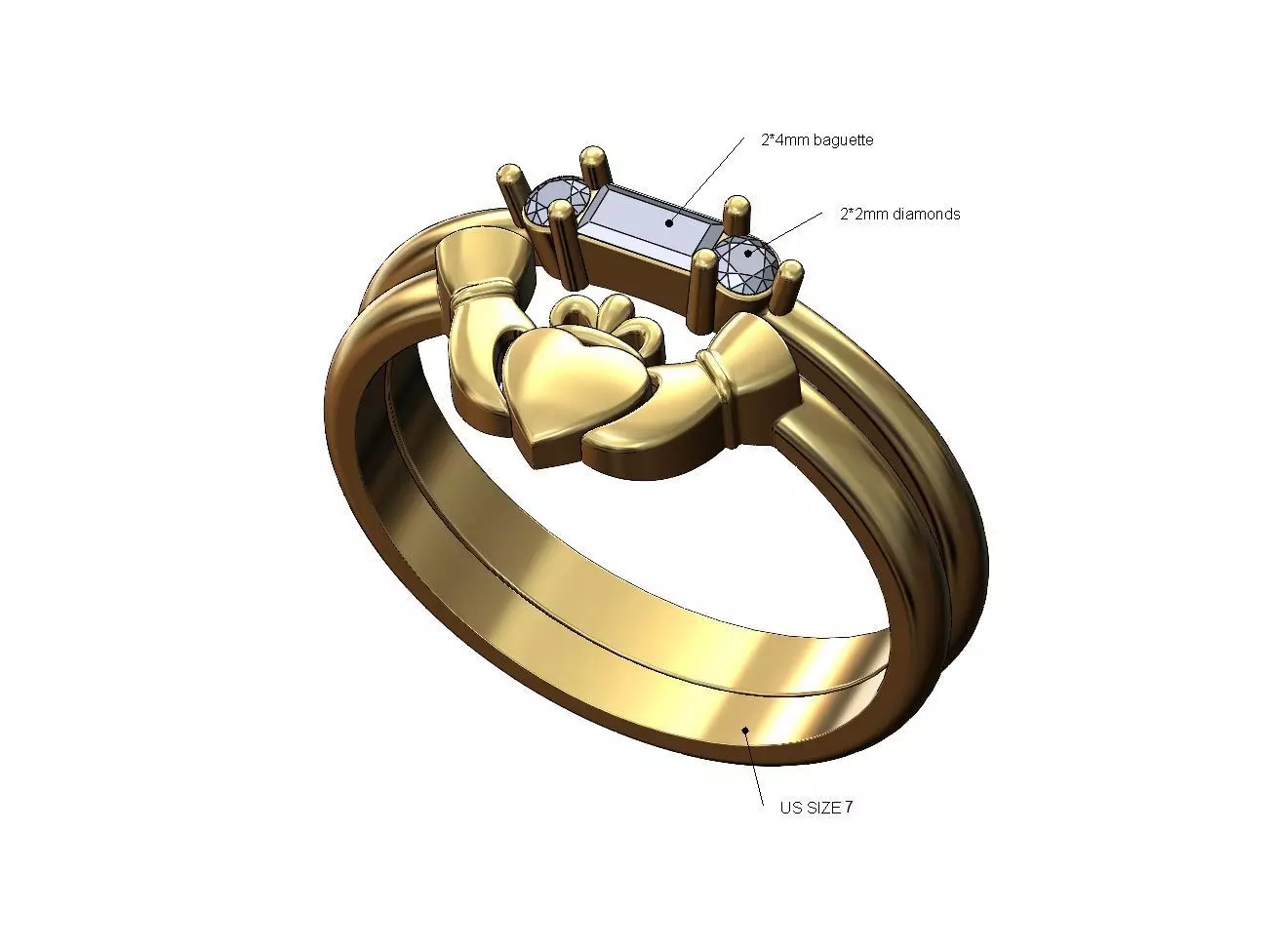 Claddagh heart guard pinched baguette diamond ring US size 7 3D print model