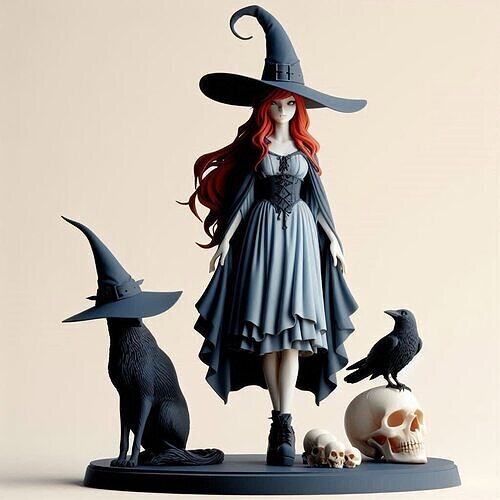 708 Red Haired  Witch  with Cat and Raven  Full  Color 3D print model