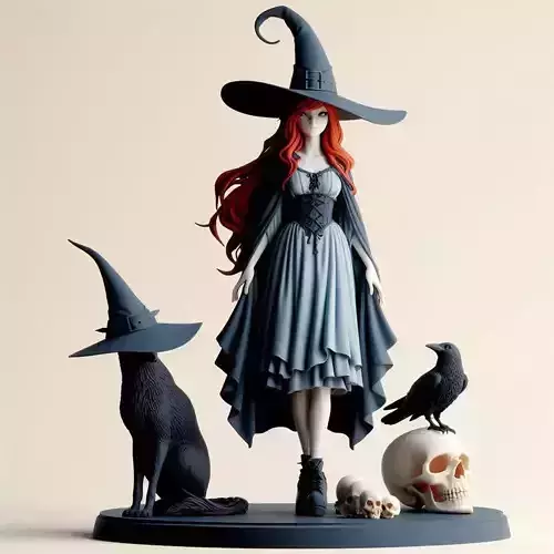 708 Red Haired  Witch  with Cat and Raven  Full  Color