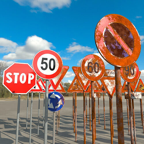 175 EU Street Signs From New Condition To Rusty - Assets Pack 3D model