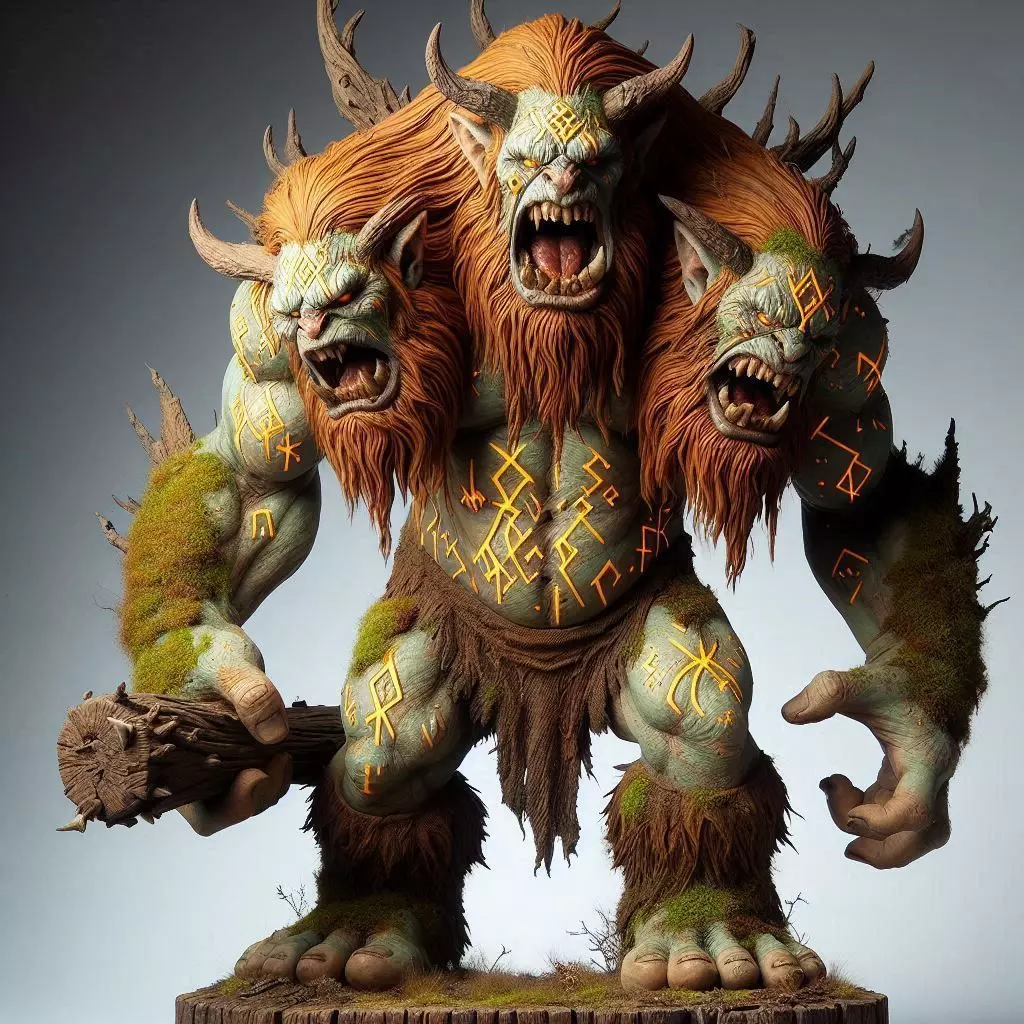 709 Three Headed Troll 3D Printed Statue with Club 3D print model_0