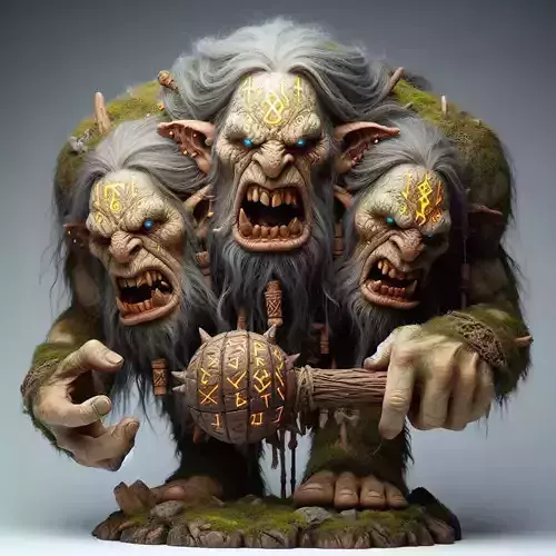 712 Three Headed   Troll  3D Printed   Statue with Club