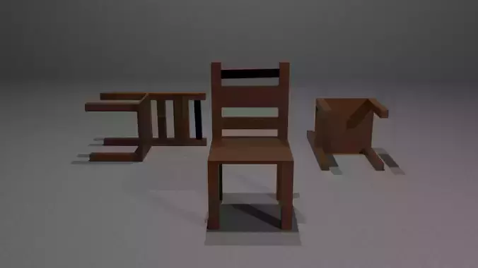 Three Wooden Chairs Standing  Fallen 3D Render