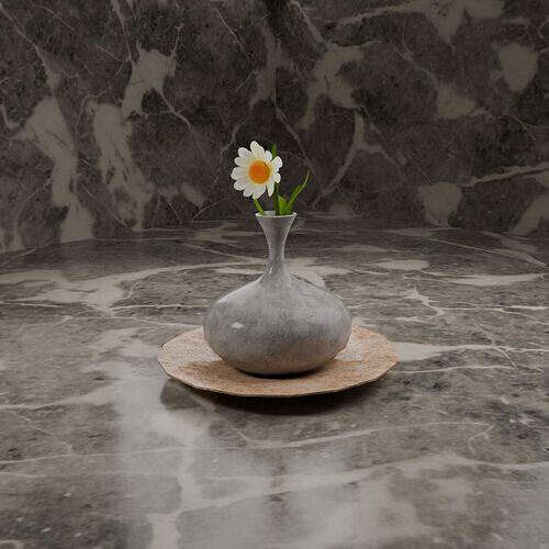 Realistic Marble Flower Vase with Daisy on Stone Plate 3D model