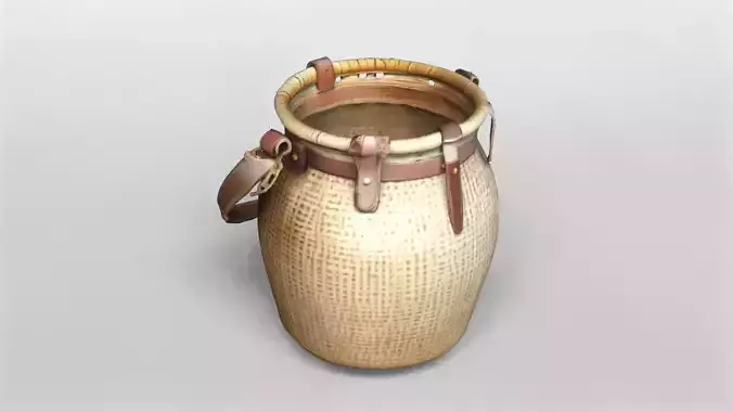Woven Rattan Basket with Leather Strap 3D Model
