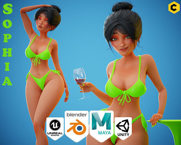 Game Sexy Stylized Girl Character rigged Sophia Low-poly 3D model