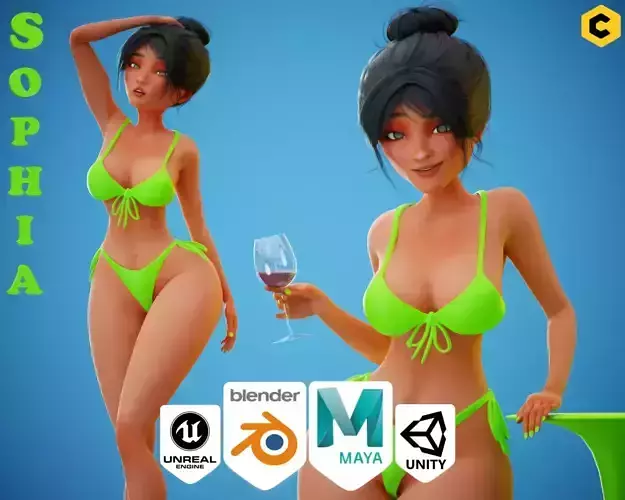Game Sexy Stylized Girl Character rigged Sophia Low-poly 3D model