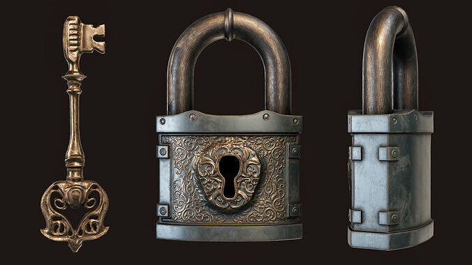 Fantasy Padlock with Key Low-poly 3D model