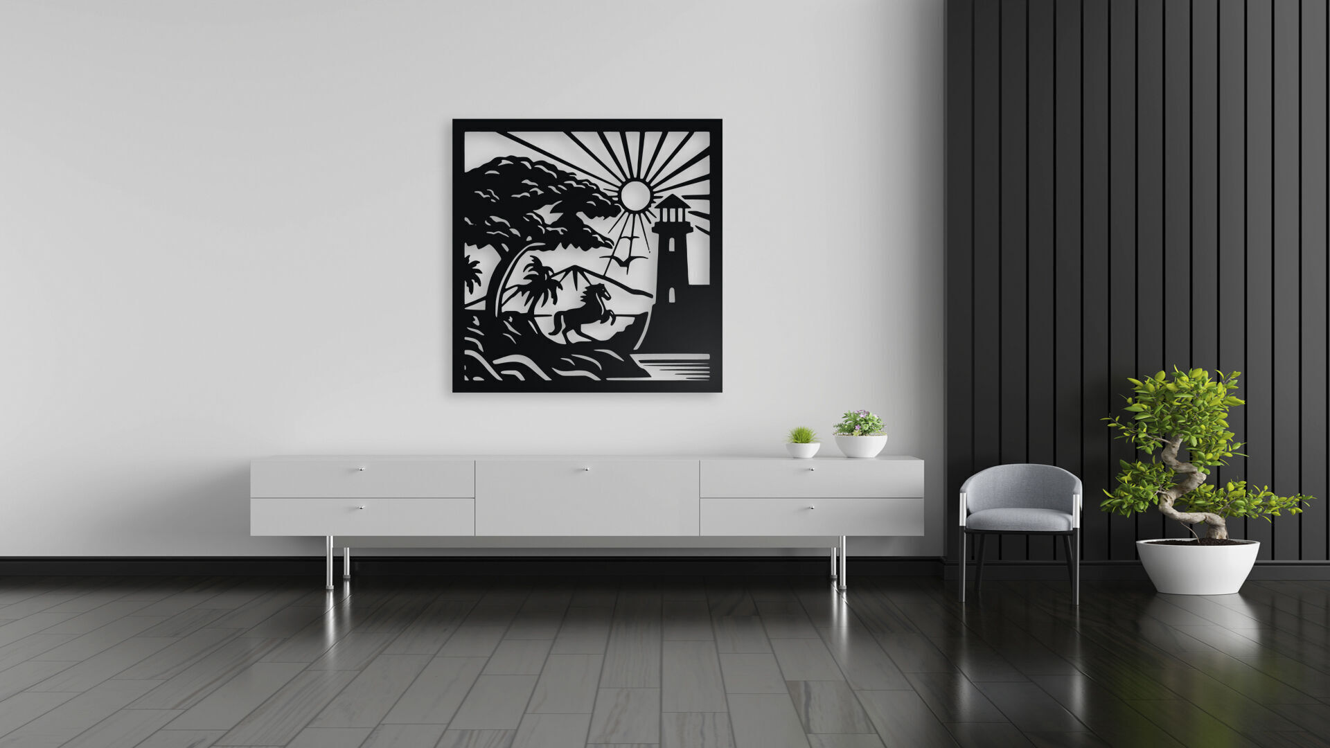 Horse by the Lighthouse - Coastal Silhouette Wall Art 3D print model_5