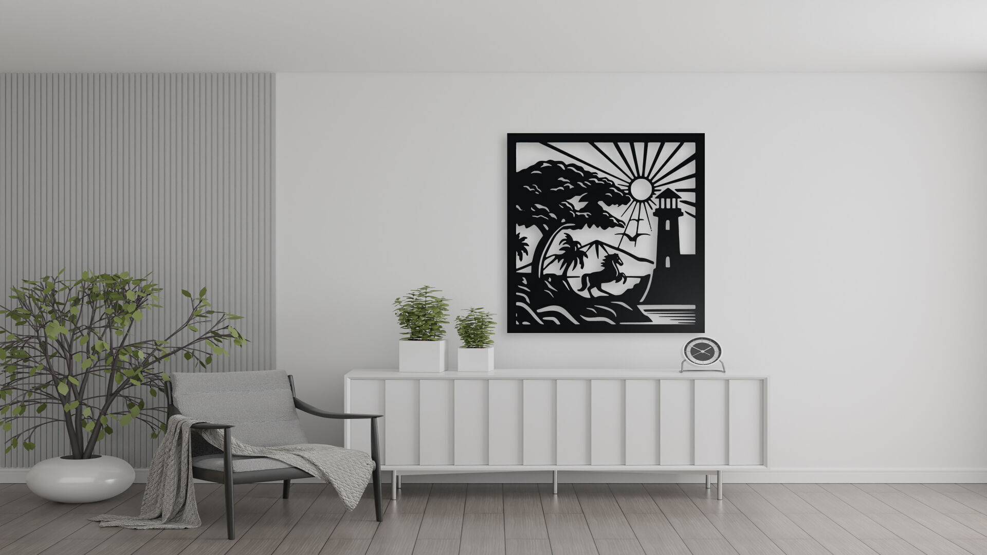 Horse by the Lighthouse - Coastal Silhouette Wall Art 3D print model_1