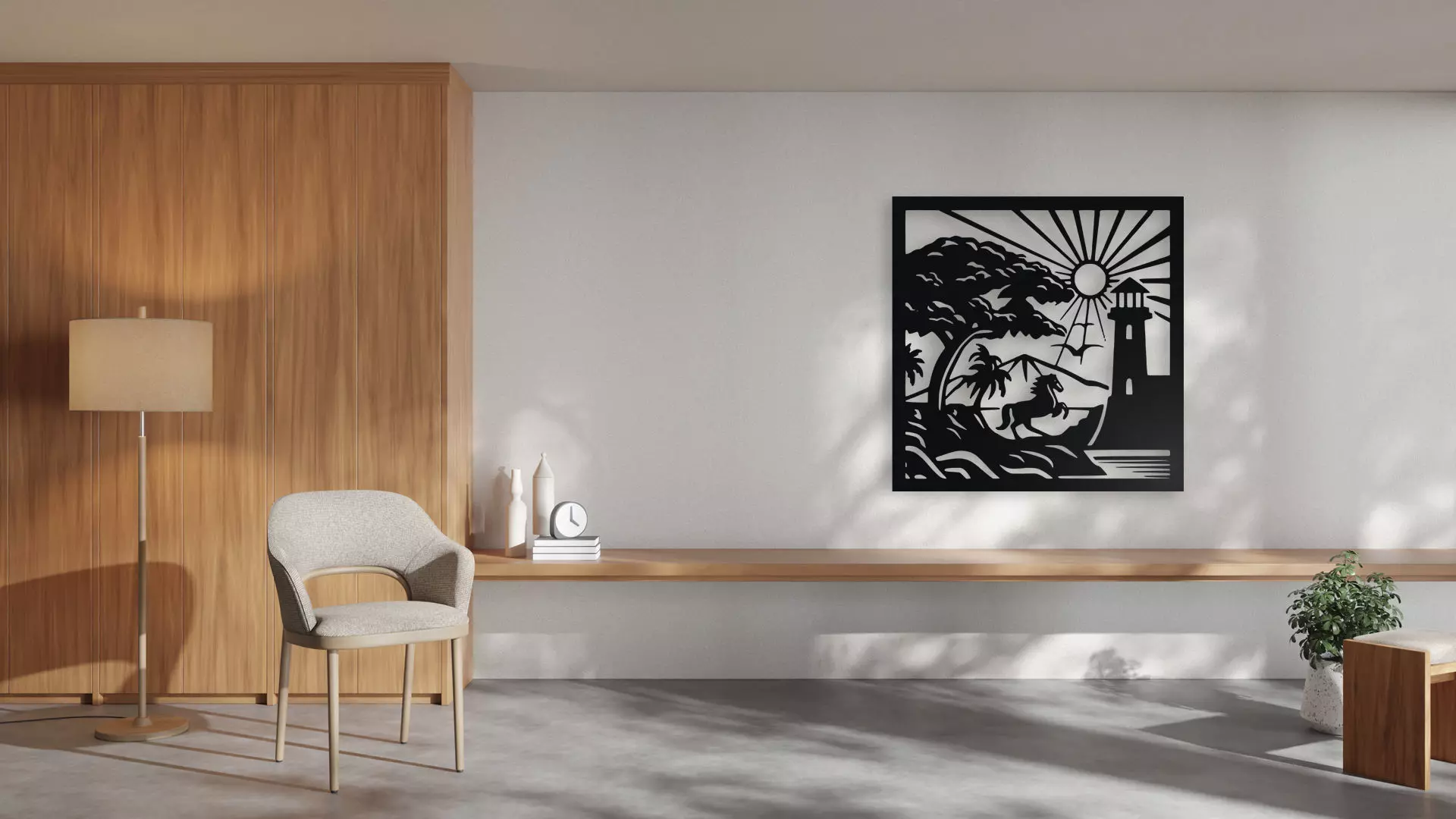 Horse by the Lighthouse - Coastal Silhouette Wall Art 3D print model_0