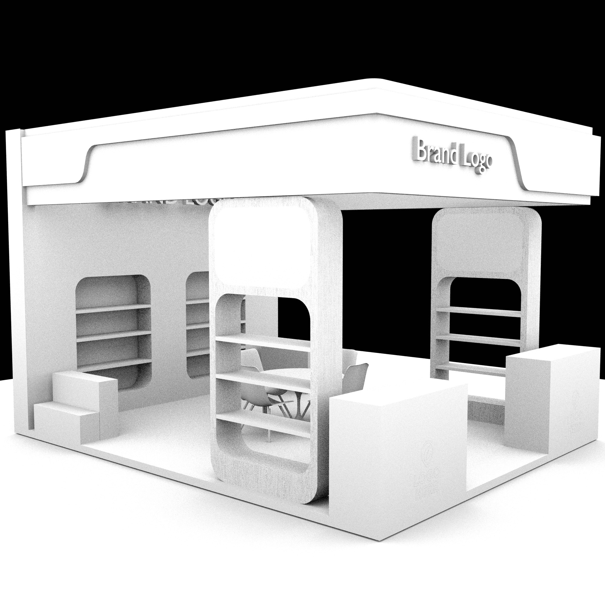 Modern Green-Themed Display Booth with Wood Accents and Lighting 3D model_4