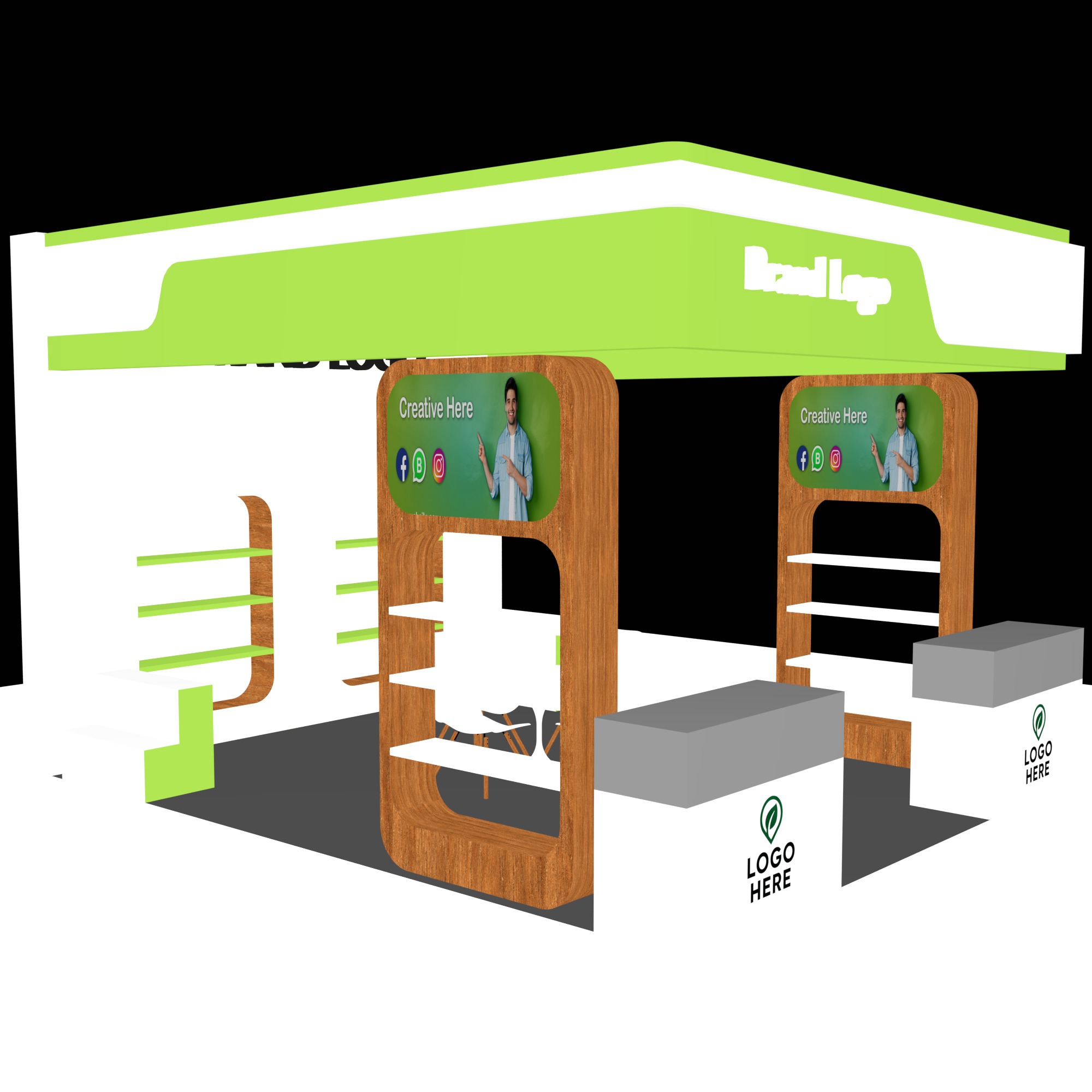 Modern Green-Themed Display Booth with Wood Accents and Lighting 3D model_2