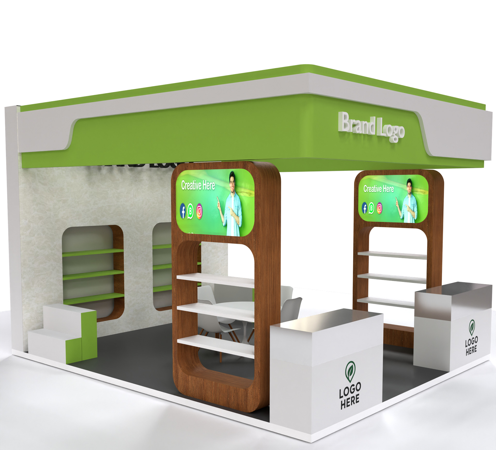 Modern Green-Themed Display Booth with Wood Accents and Lighting 3D model_1