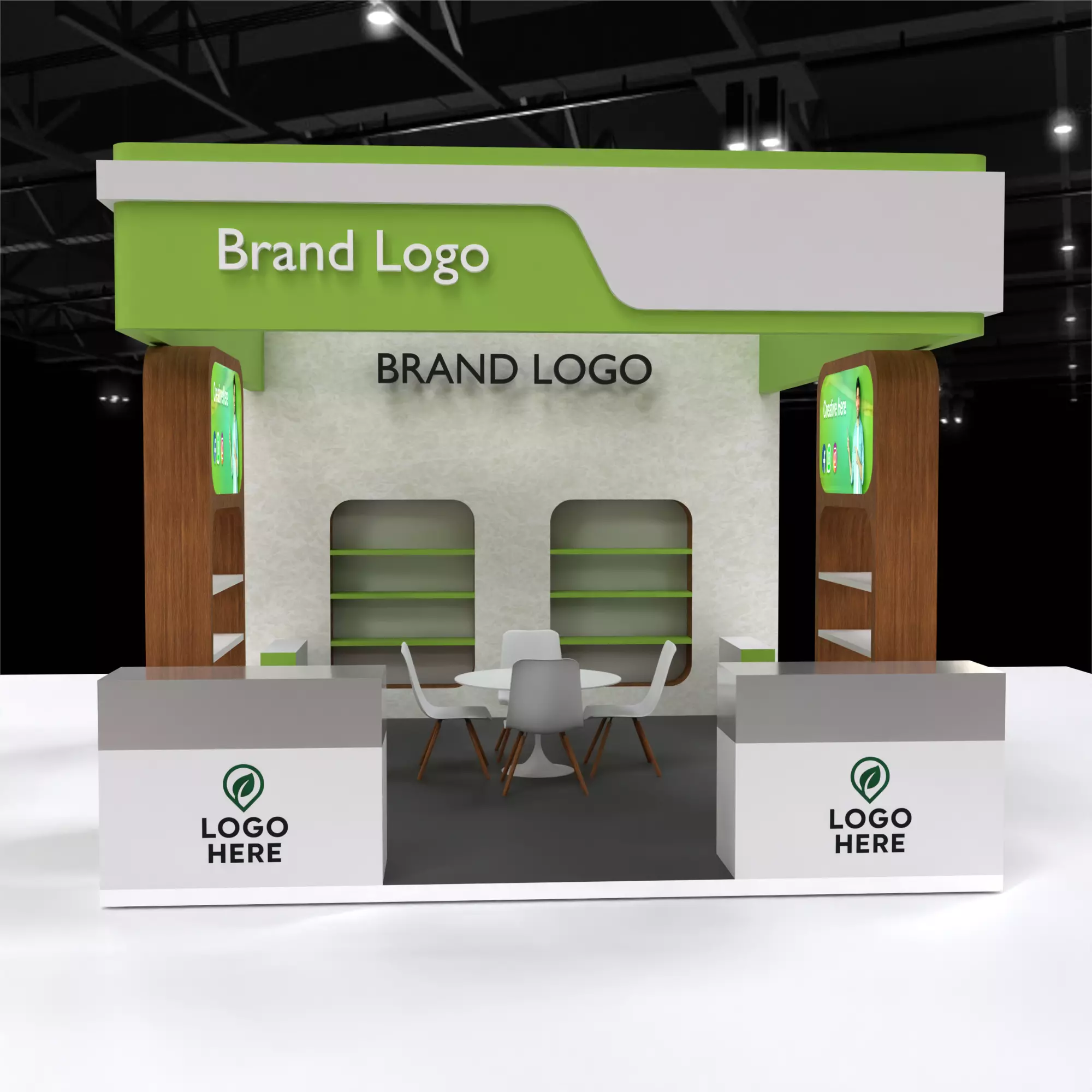 Modern Green-Themed Display Booth with Wood Accents and Lighting 3D model_0