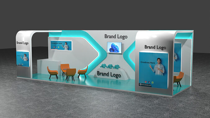 Futuristic booth design with cyan LED accents and modern layout 3D model
