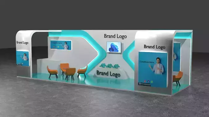 Futuristic booth design with cyan LED accents and modern layout