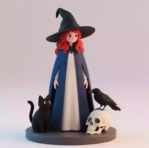 718 Red Haired Witch with Cat  Raven Color 3D Model