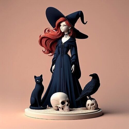 719 Red Haired Witch with Cat  Raven  Color  3D Model 3D print model