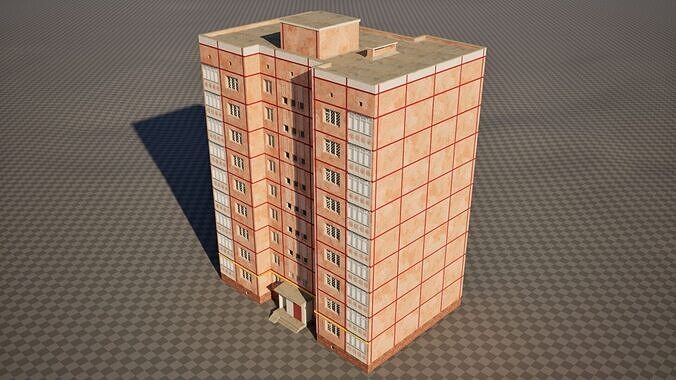 Peach Panel 9 Story Residential Building Game-Ready 3D Model Low-poly 3D model