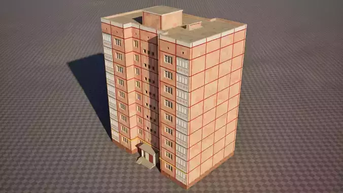 Peach Panel 9 Story Residential Building Game-Ready 3D Model