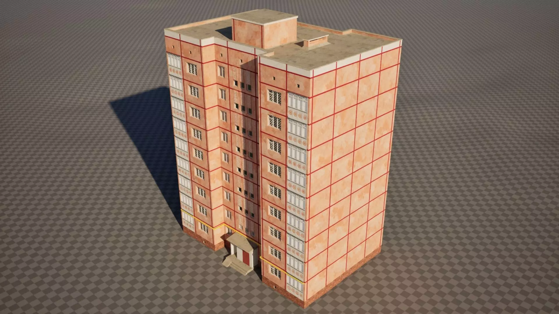 Peach Panel 9 Story Residential Building Game-Ready 3D Model Low-poly 3D model_0