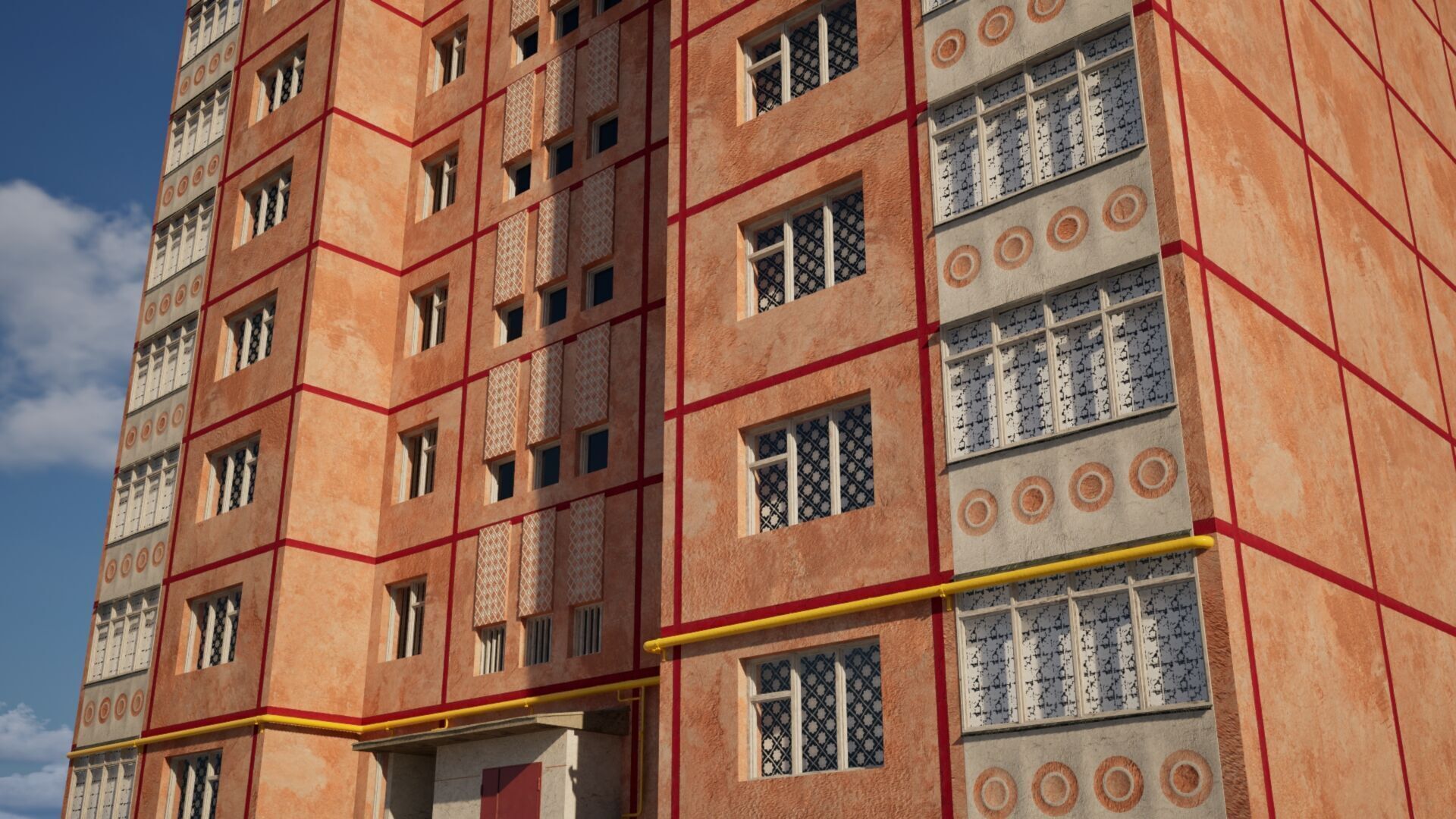 Peach Panel 9 Story Residential Building Game-Ready 3D Model Low-poly 3D model_1