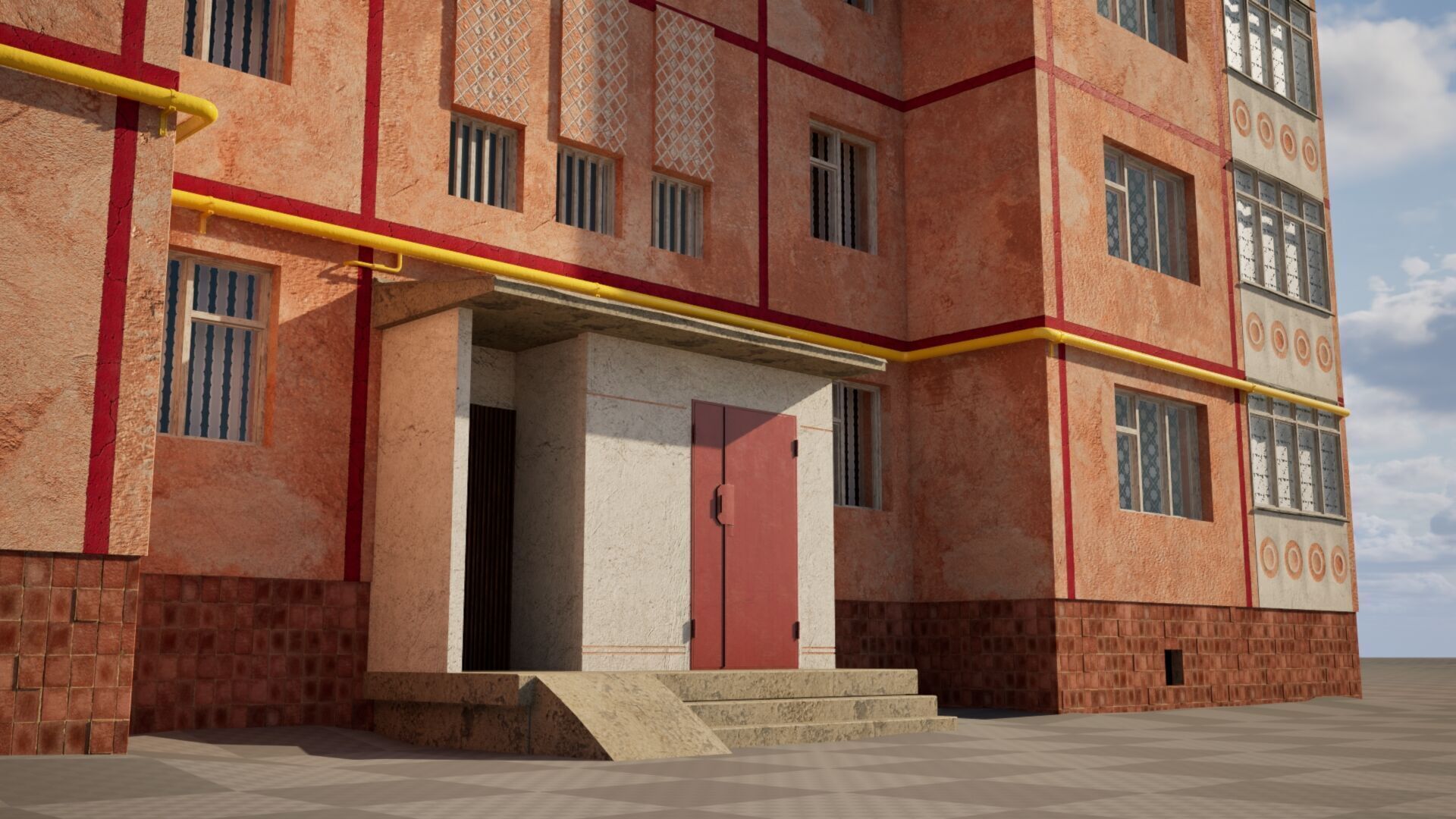 Peach Panel 9 Story Residential Building Game-Ready 3D Model Low-poly 3D model_2