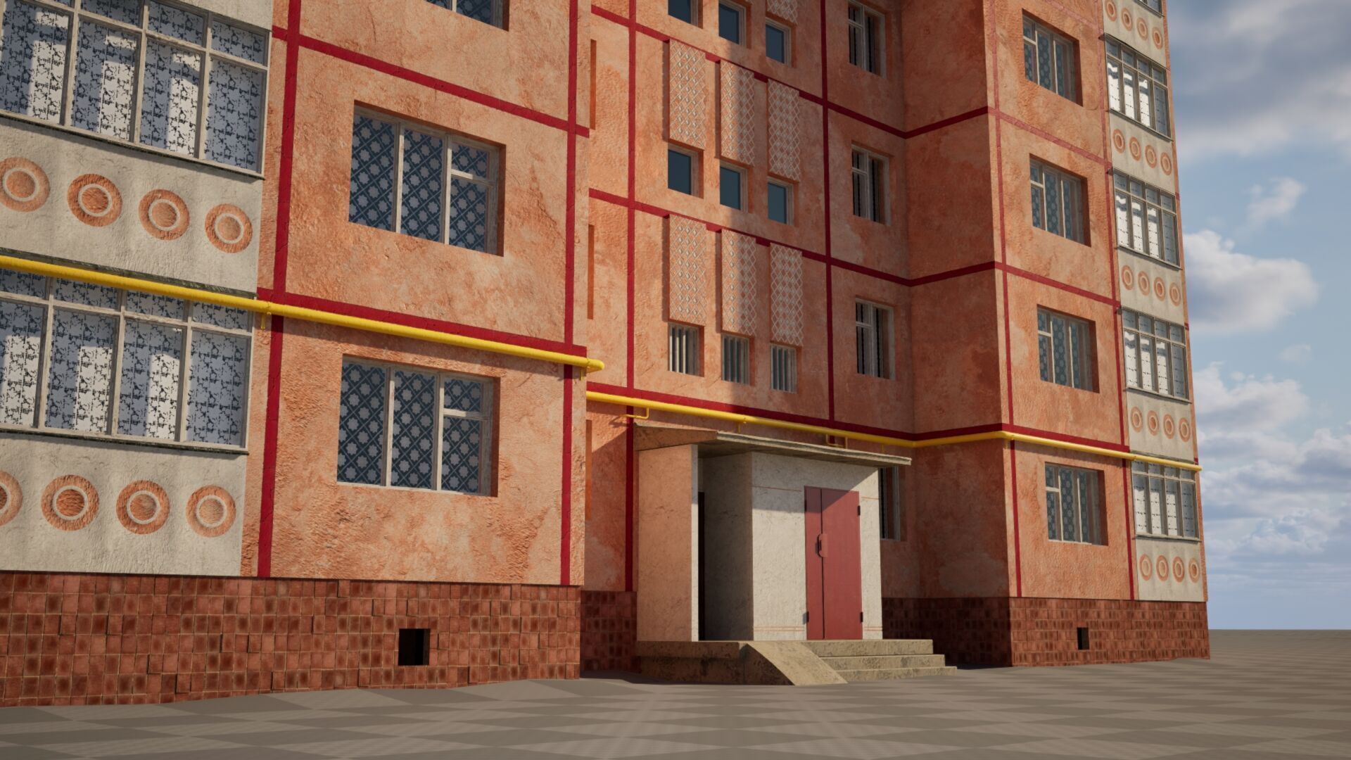 Peach Panel 9 Story Residential Building Game-Ready 3D Model Low-poly 3D model_9