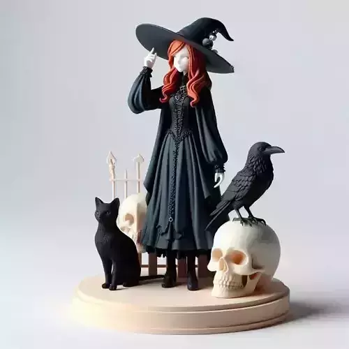 721 Red Haired Witch with Cat  Raven  Color  3D Model