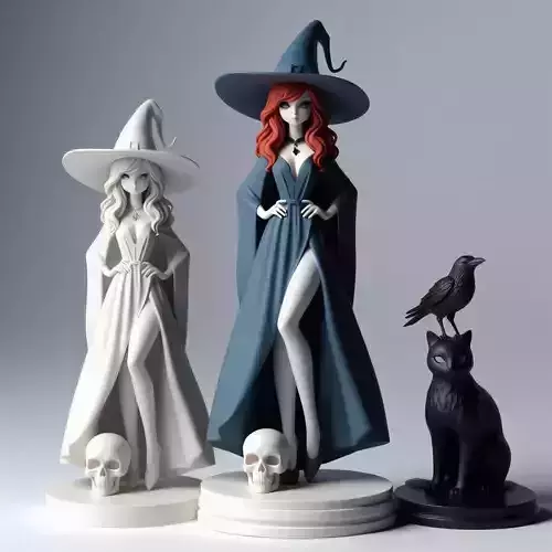 722 Red Haired Witch with Cat  Raven  Color   3D Model