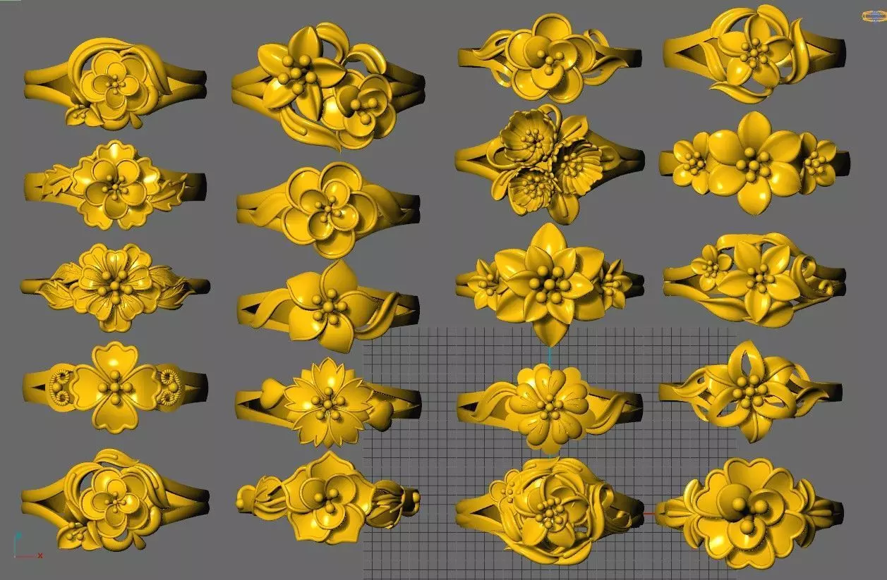 Collection of 50 24k gold flower rings 3D print model