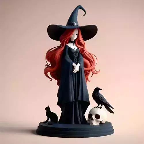 726 Red Haired Witch with Cat  Raven  Color   3D Model