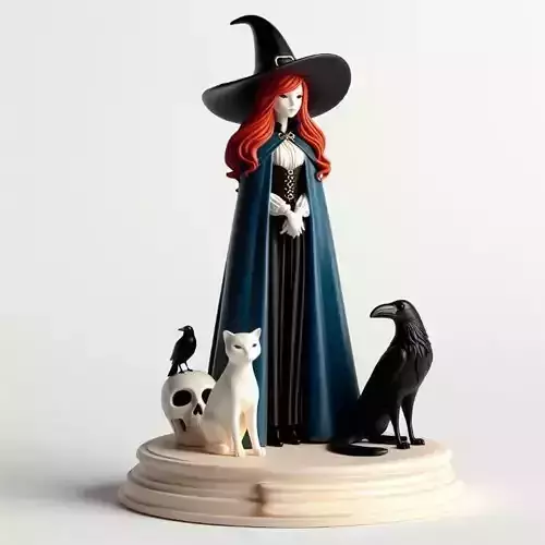 727 Red Haired Witch with Cat and Raven  Color   3D Model