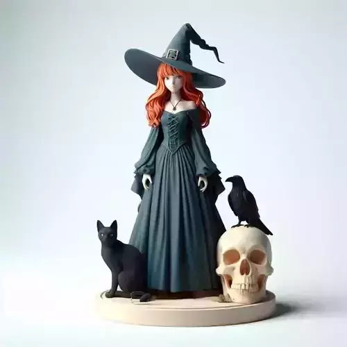 728 Red Haired Witch with Cat  Raven   Color    3D Model