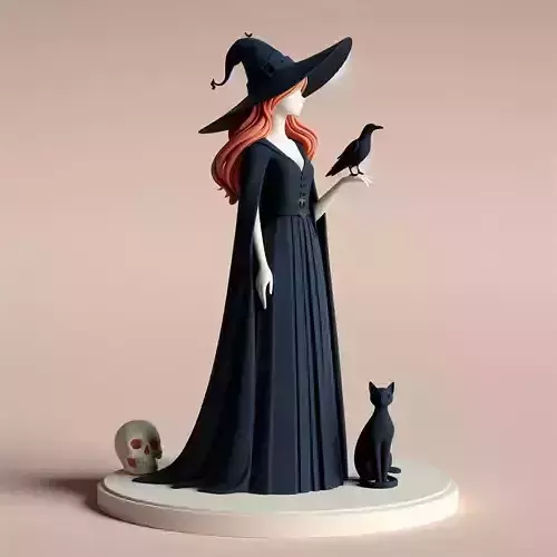729 Red Haired Witch with Cat  Raven   Color   3D Model