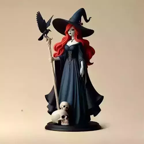 730  Red Haired Witch  with  Raven  Color   3D Model