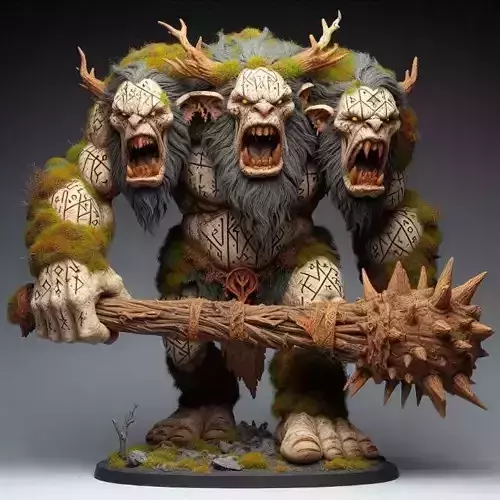 732 Three Headed Troll  3D Printed   Statue with Club