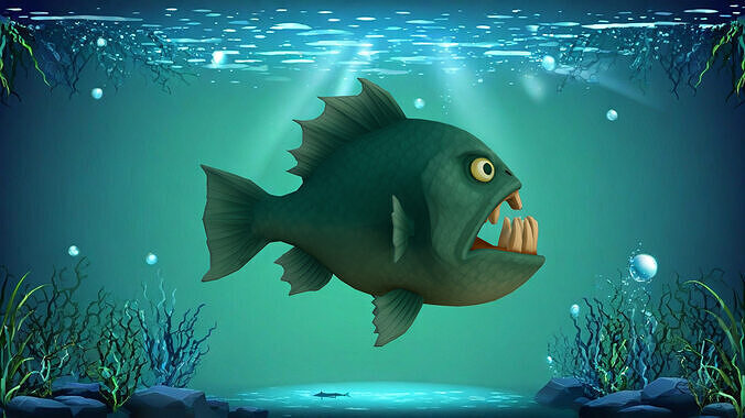 Cartoon Fish with Big Teeth and Expressive Face Low-poly 3D model