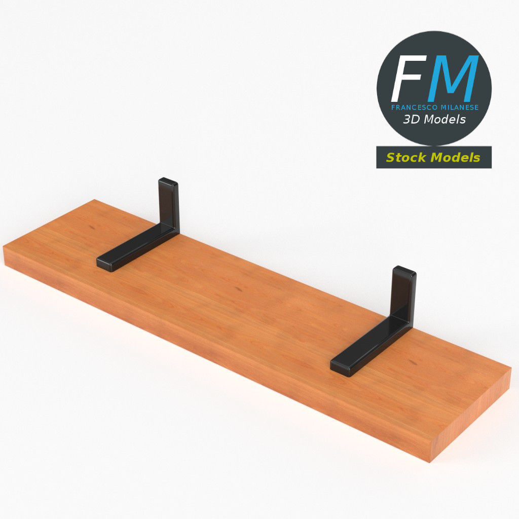 Shelf wooden with metal brackets 3D model_2