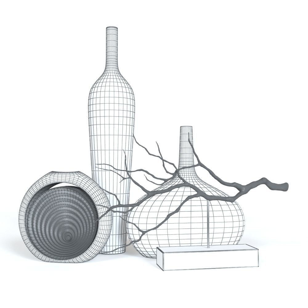 Black Vases and Decorative Branch 3D model_4