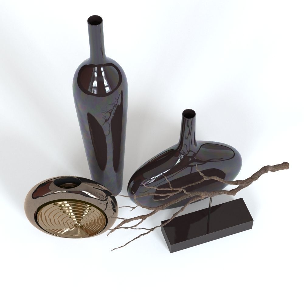 Black Vases and Decorative Branch 3D model_1