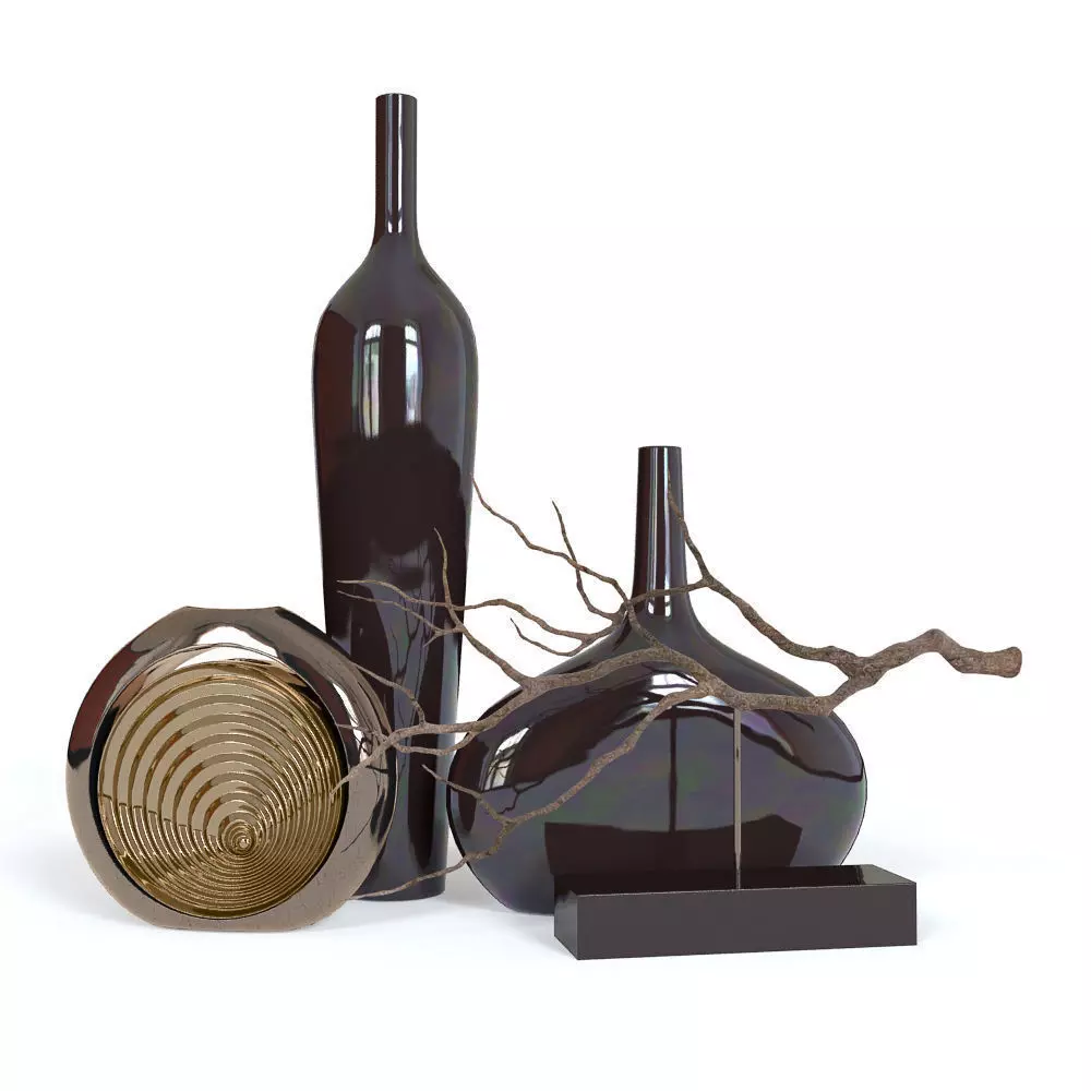 Black Vases and Decorative Branch 3D model_0