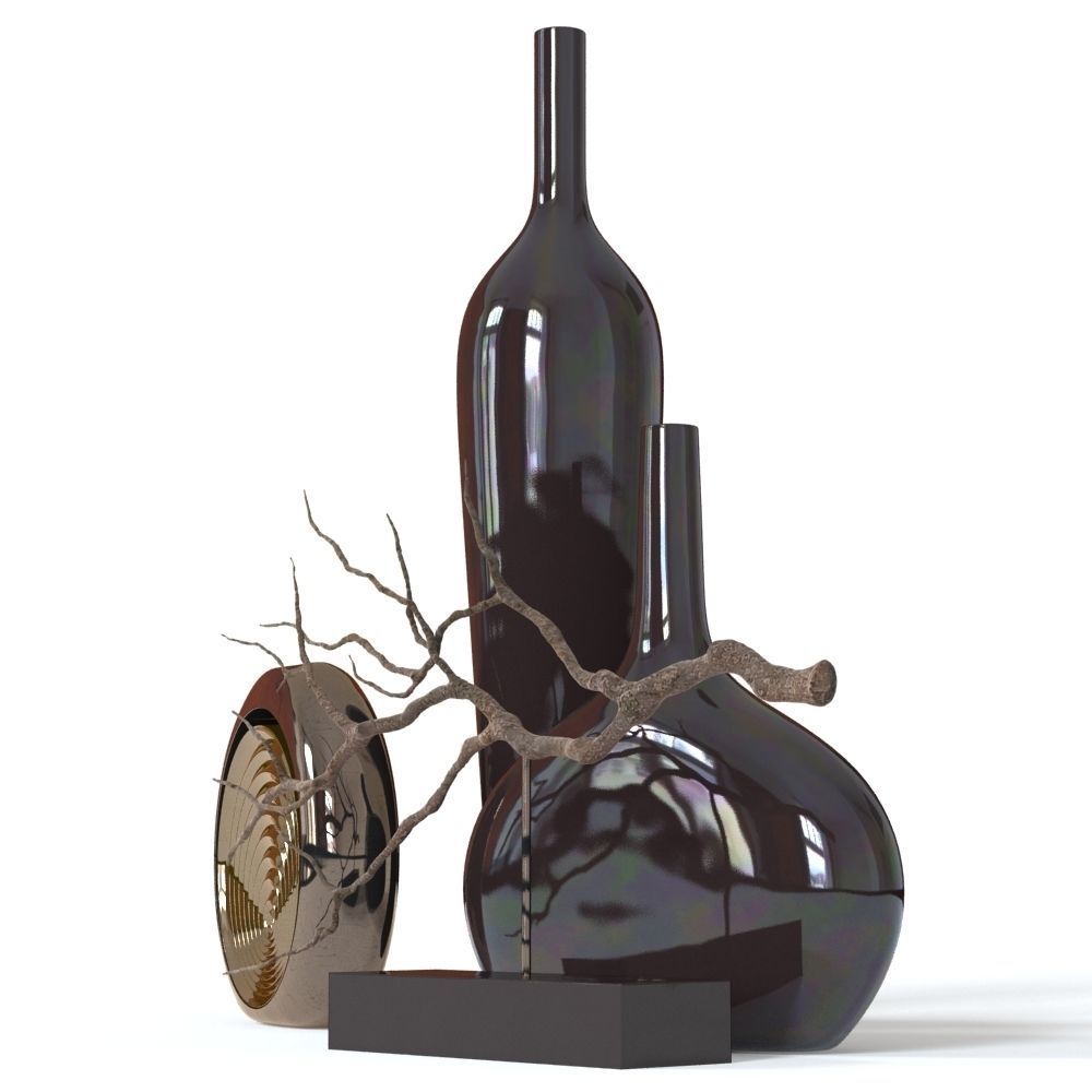 Black Vases and Decorative Branch 3D model_2