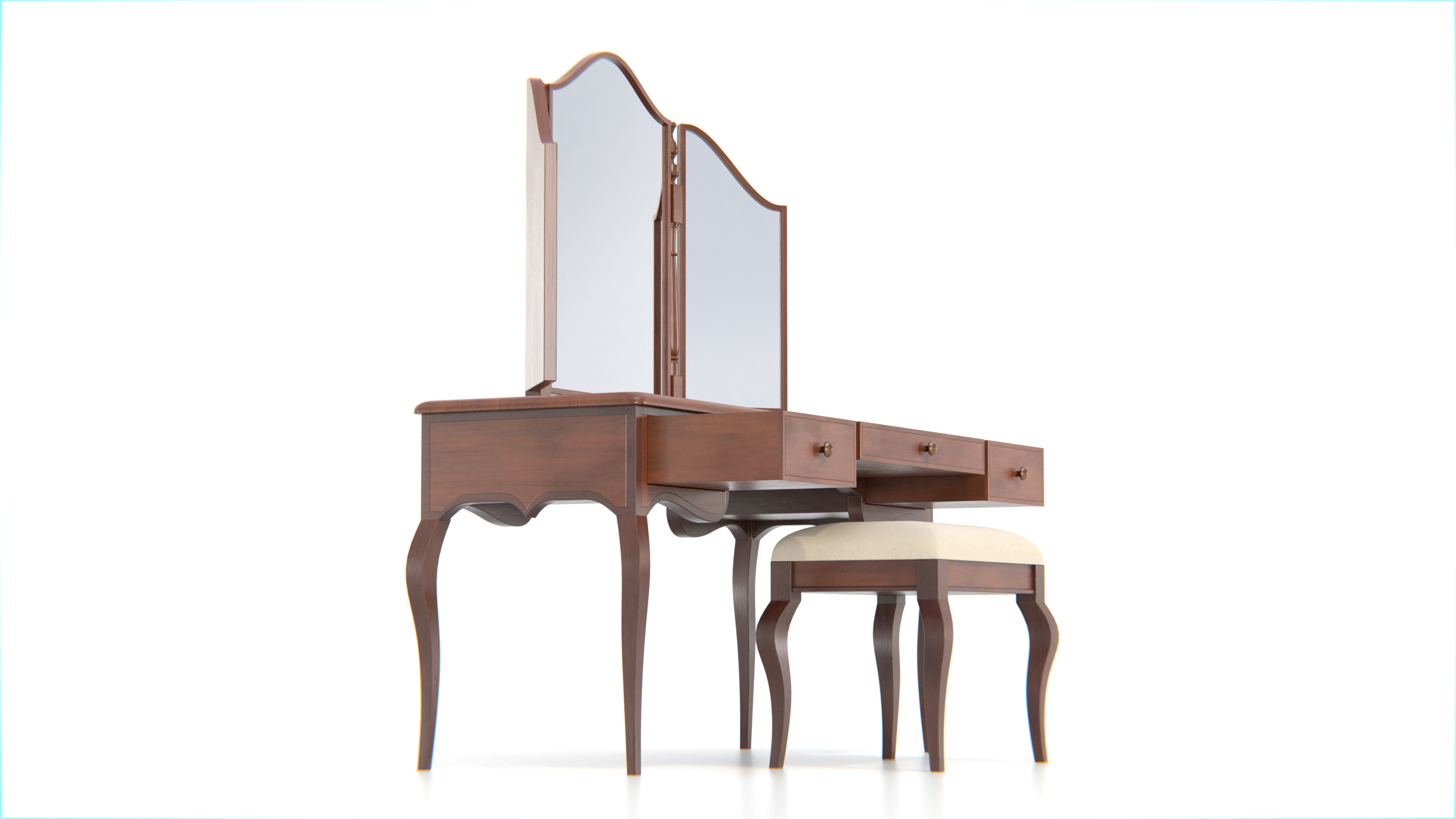 Antique Wooden Vanity Table with Tri-Fold Mirror and Stool Low-poly 3D model_4