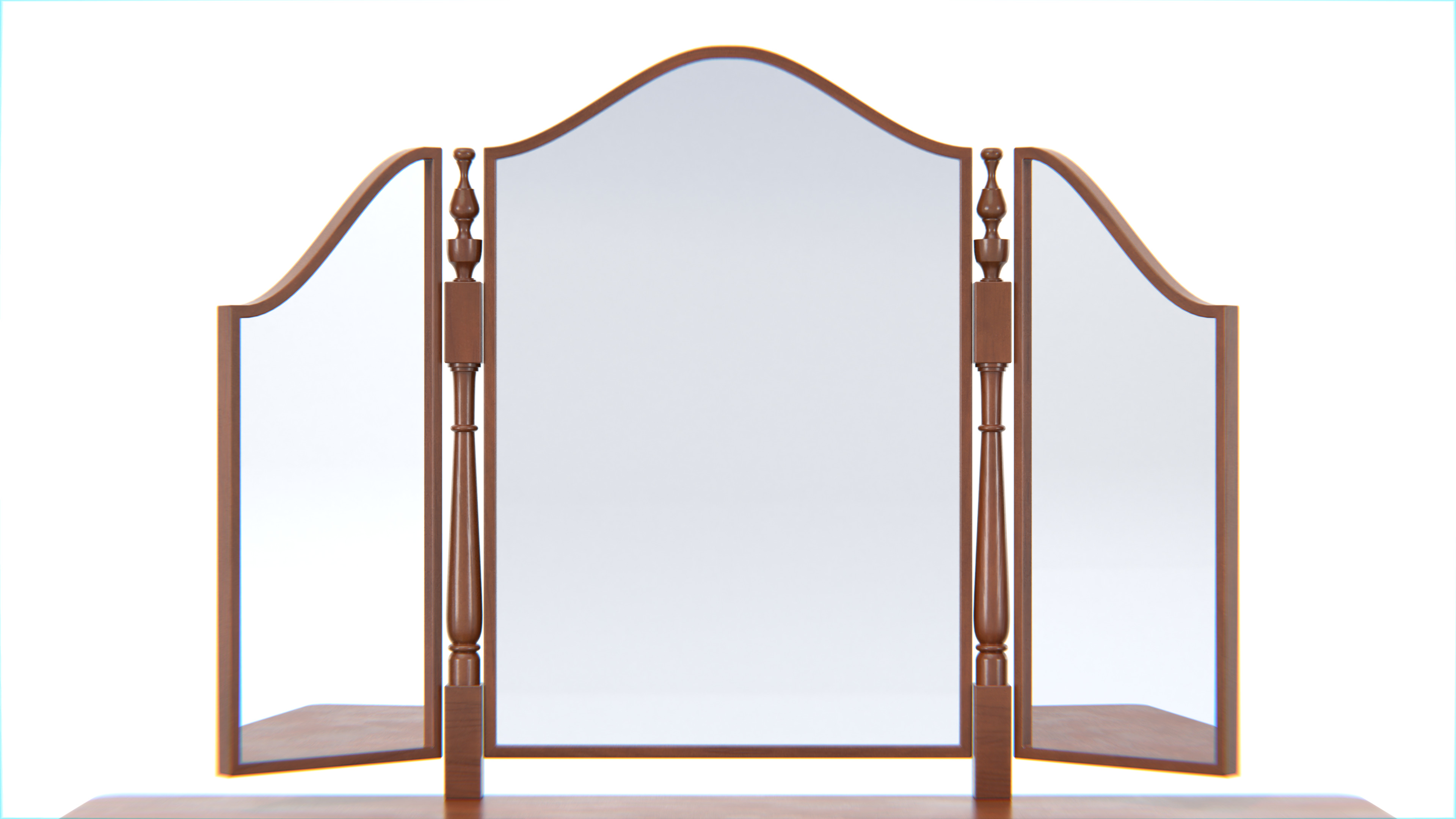 Antique Wooden Vanity Table with Tri-Fold Mirror and Stool Low-poly 3D model_8